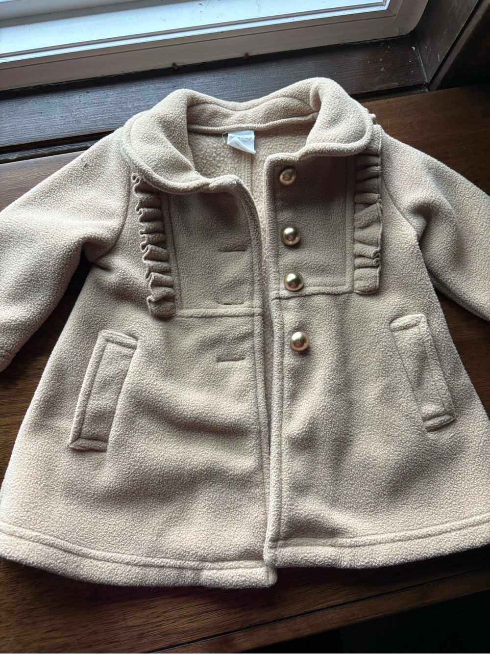 Starting Out camel color Ruffle-Trim Fleece Pea Coat with Gold Buttons